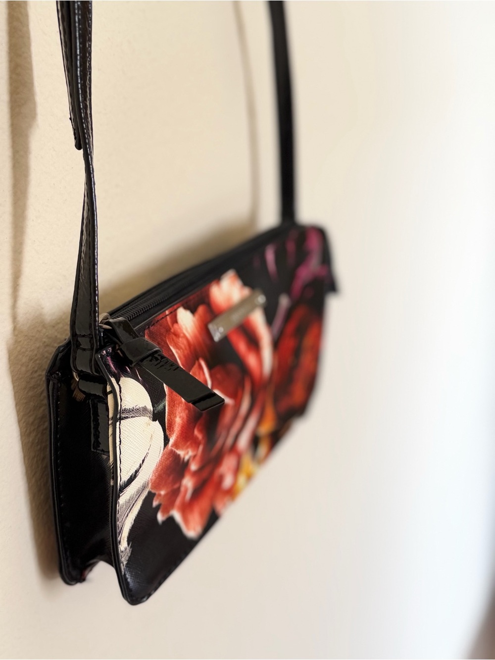Nine West Floral Zip Mini Shoulder Purse- Black with Red Rose Print - Picture 9 of 16